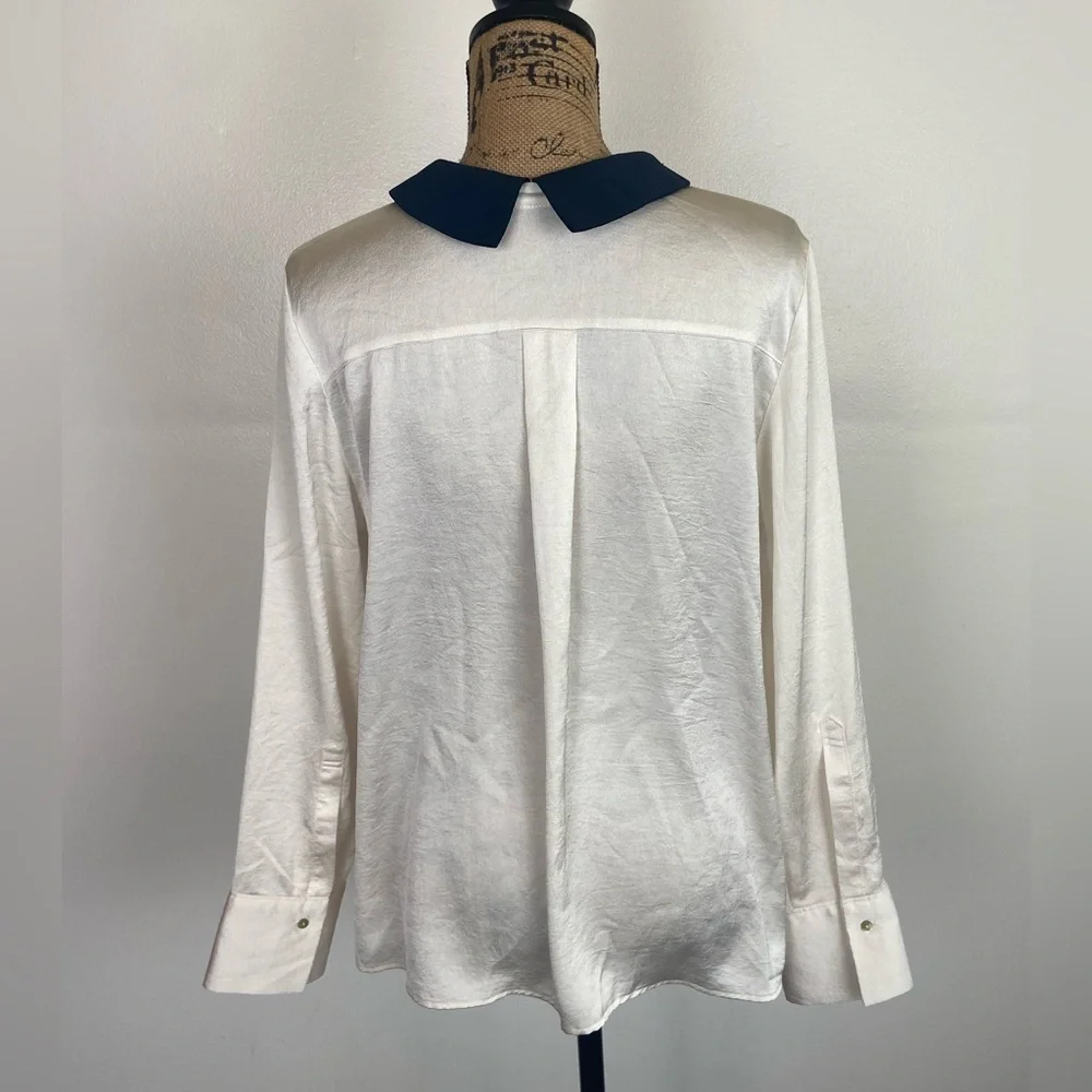 Zara Basic Women's Satin Top L Cream Nerd Preppy Mother Pearl Button Long Sleeve